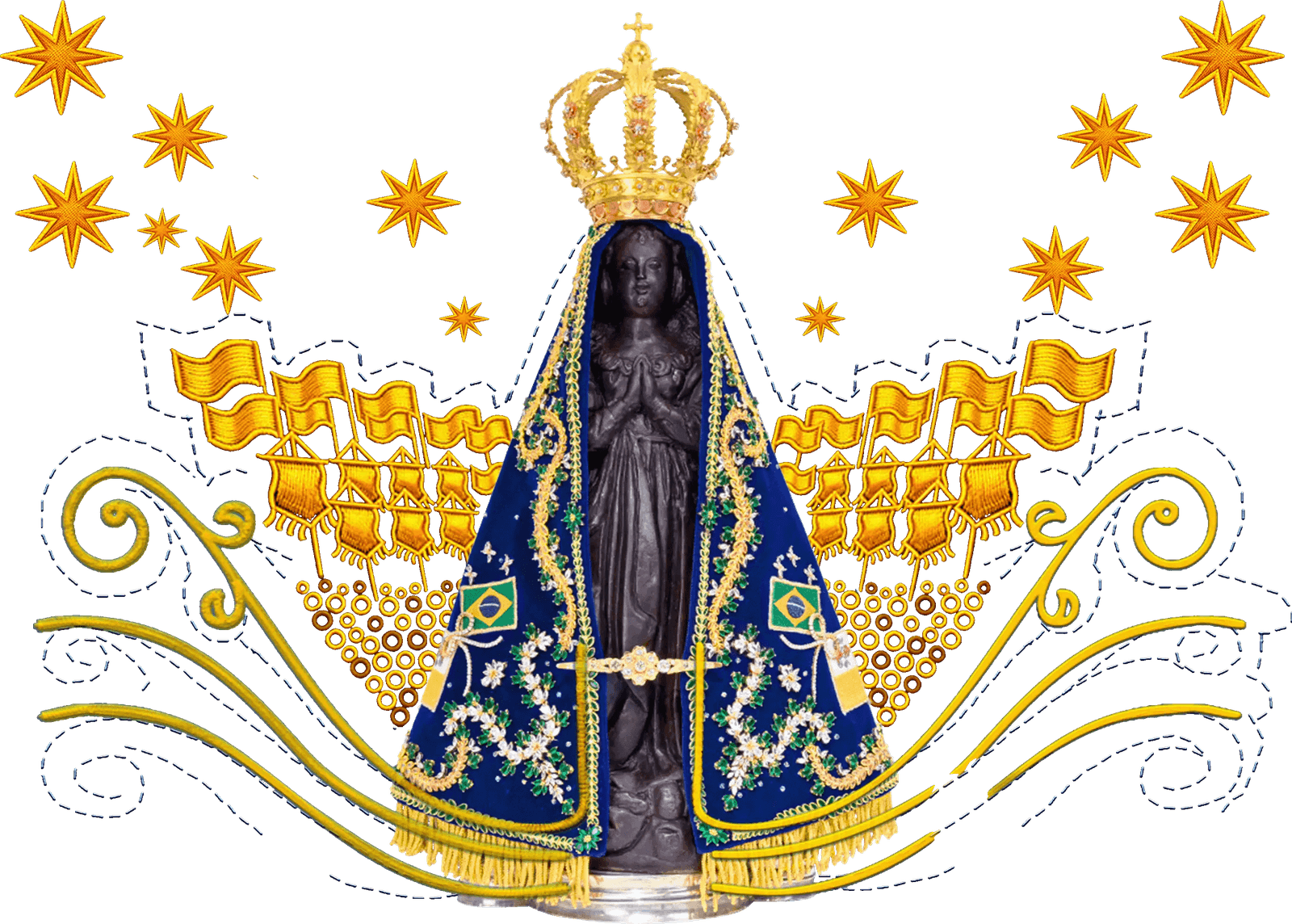 Imagem de Nossa Senhora Aparecida com manto bordado, estrelas e ornamentos dourados